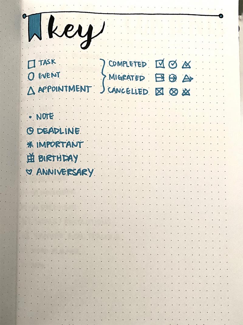 Bullet journal key page example