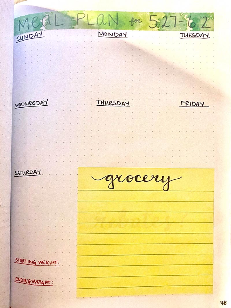 Meal planning in bullet journal