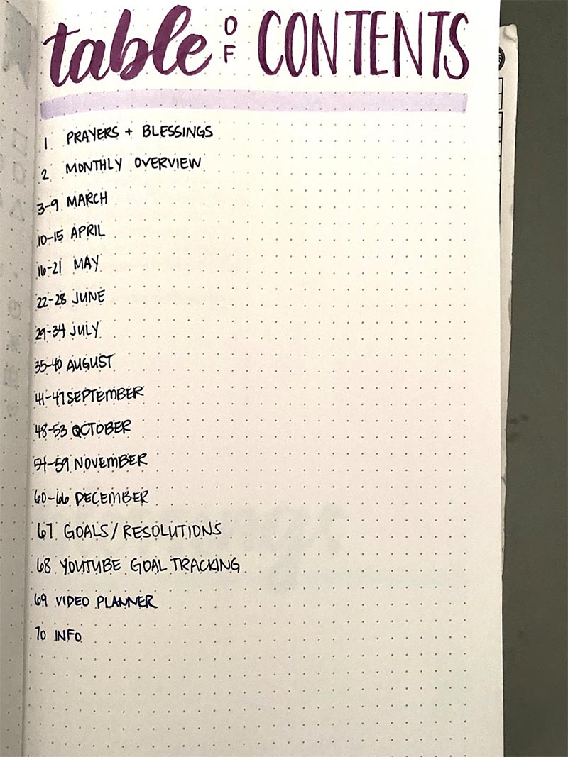 Simple table of contents in bullet journal