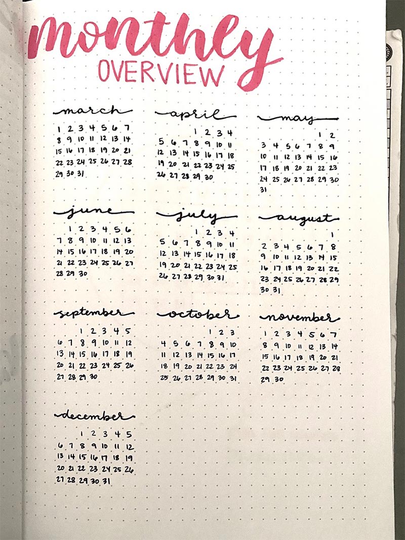 Monthly overview page in bullet journal