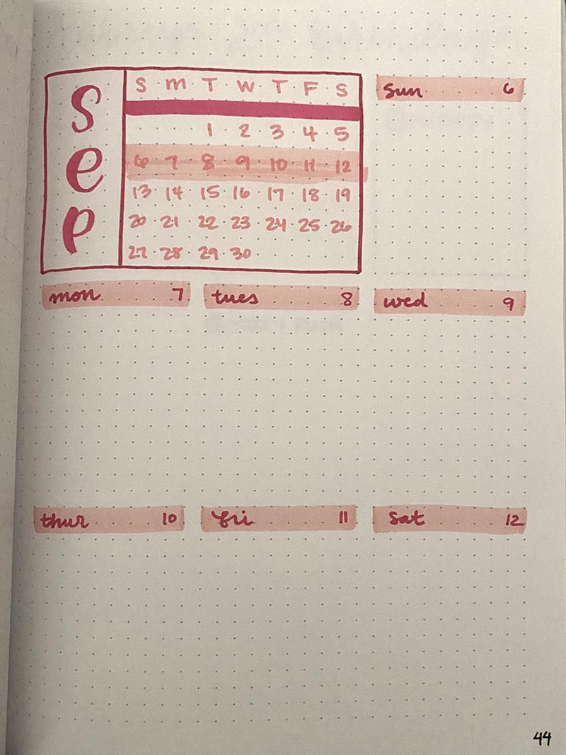 Weekly spread example for bullet journals